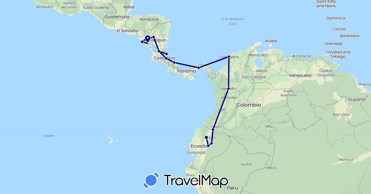 TravelMap itinerary: driving in Colombia, Costa Rica, Ecuador, Nicaragua, Panama (North America, South America)