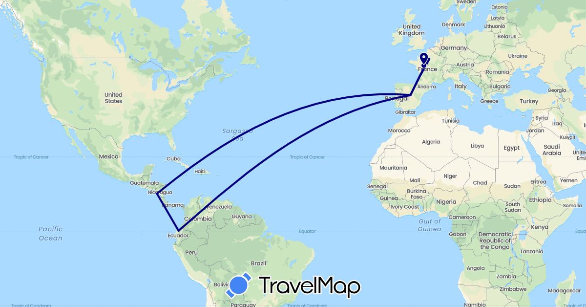 TravelMap itinerary: driving in Ecuador, Spain, France, Nicaragua (Europe, North America, South America)